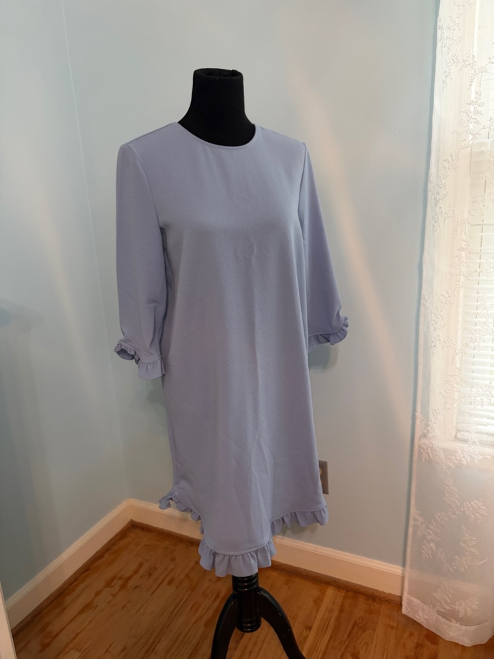 Ganni Light Blue Ruffle-Hem Long Sleeve Shift Dress